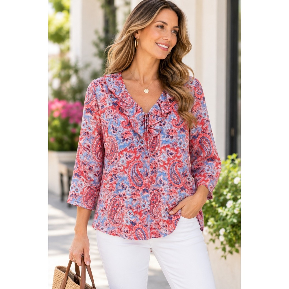 Chaps Womens XL Paisley Floral Ruffle Blouse Tie Neck Stretch Boho Career Casual